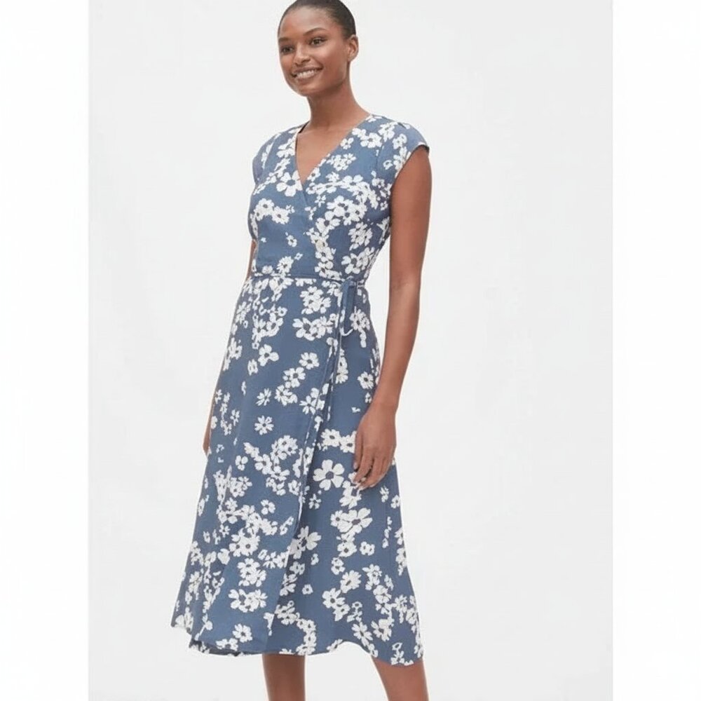 GAP Floral Blue and White Wrap Midi Dress